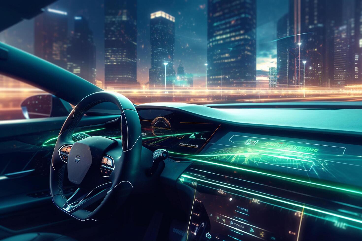 View of the inside of a modern car in the night. 3d rendering photo