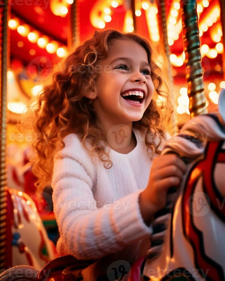 A close up portrait of a young girl riding a candy cane carousel, christmas image, photorealistic illustration photo