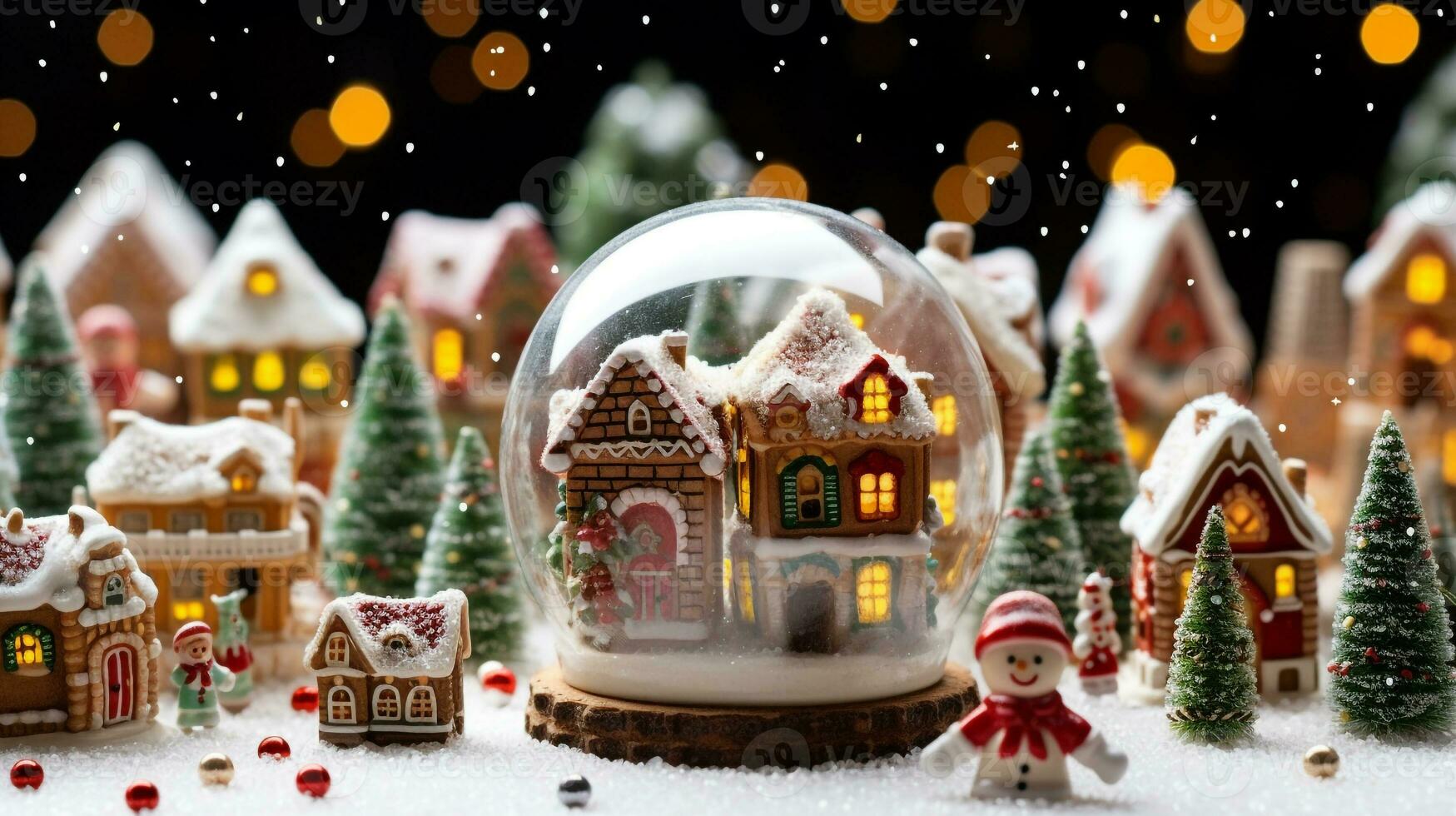 A gingerbread village in a snow globe, christmas image, photorealistic illustration photo