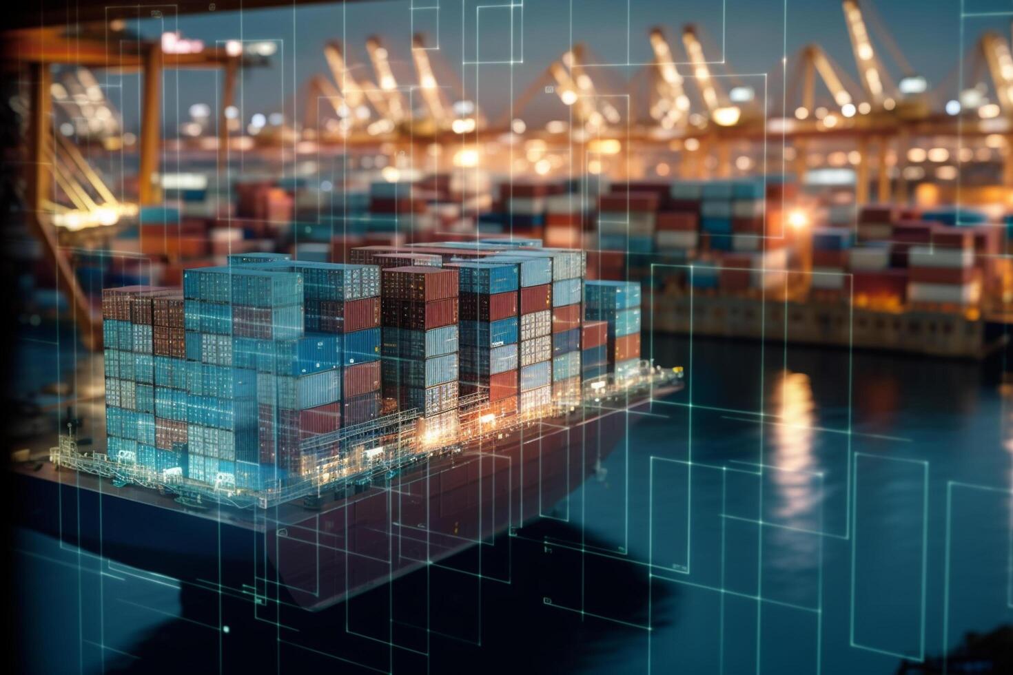 Container Cargo freight ship with working crane bridge for Logistic Import Export background. photo