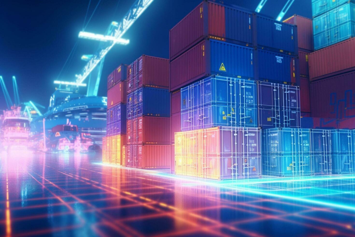 Container Cargo freight ship with working crane bridge at dusk for Logistic Import Export background. Ai Generative photo
