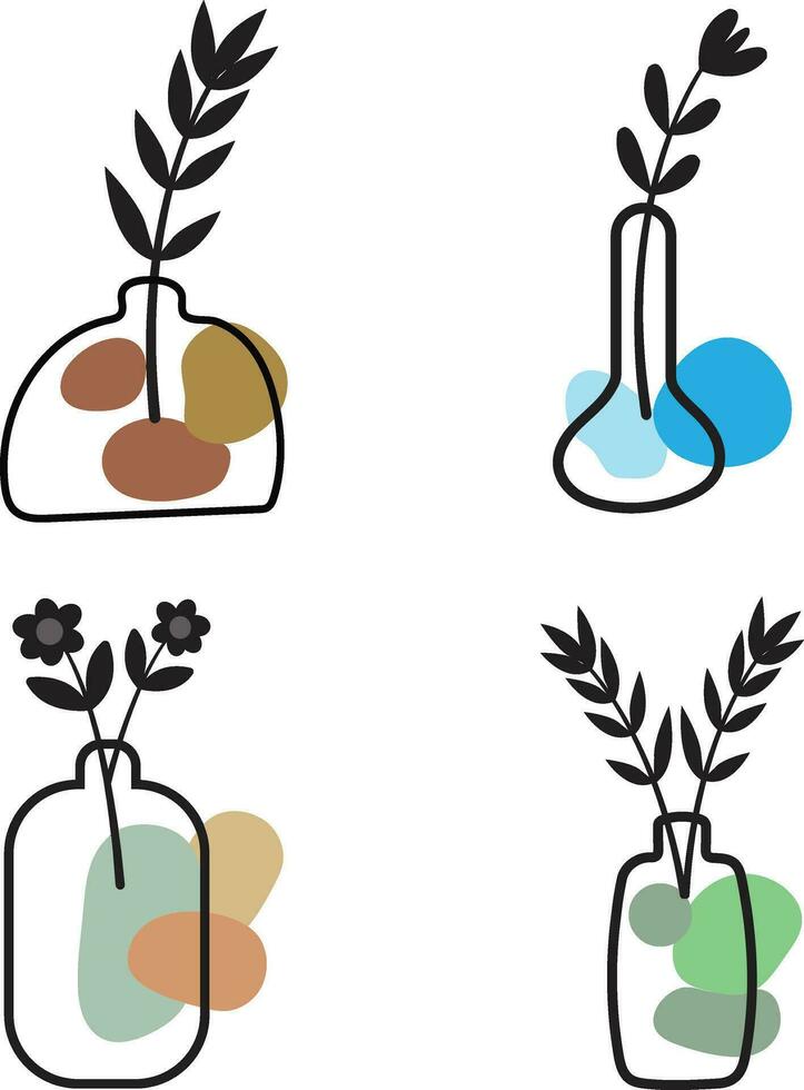 Leaf Vase Line Art Illustration. Vector Element Set.