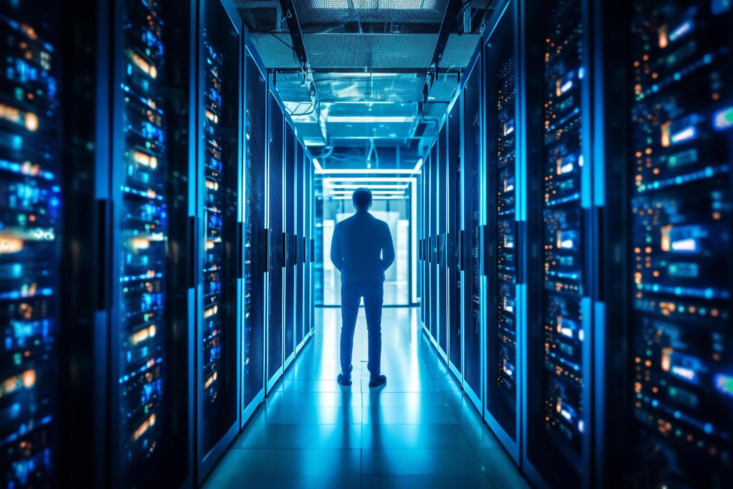 Rear view of businessman standing in server room and looking at data center photo
