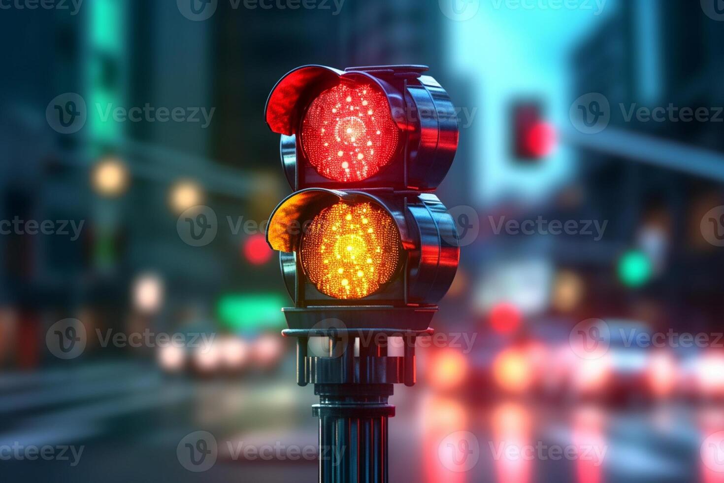 Traffic signal light in the city at night. 3d rendering. photo