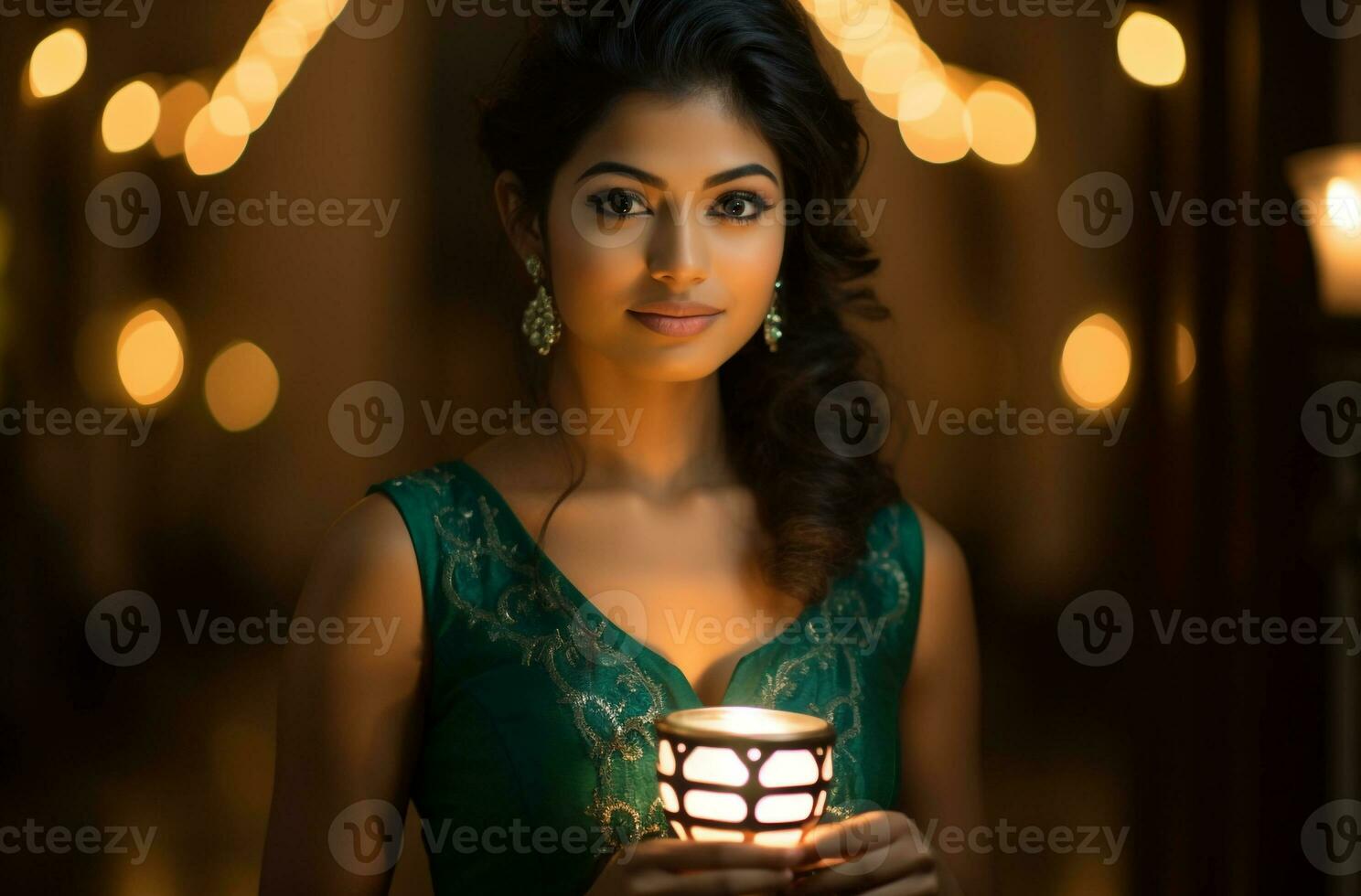 Young indian woman lighted up with diwali lamp, diwali stock images, realistic stock photos