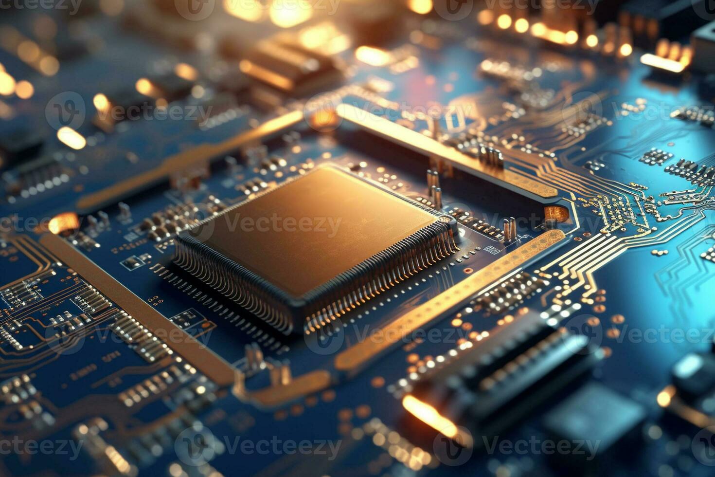 Close up of electronic circuit board with processor. 3d rendering photo