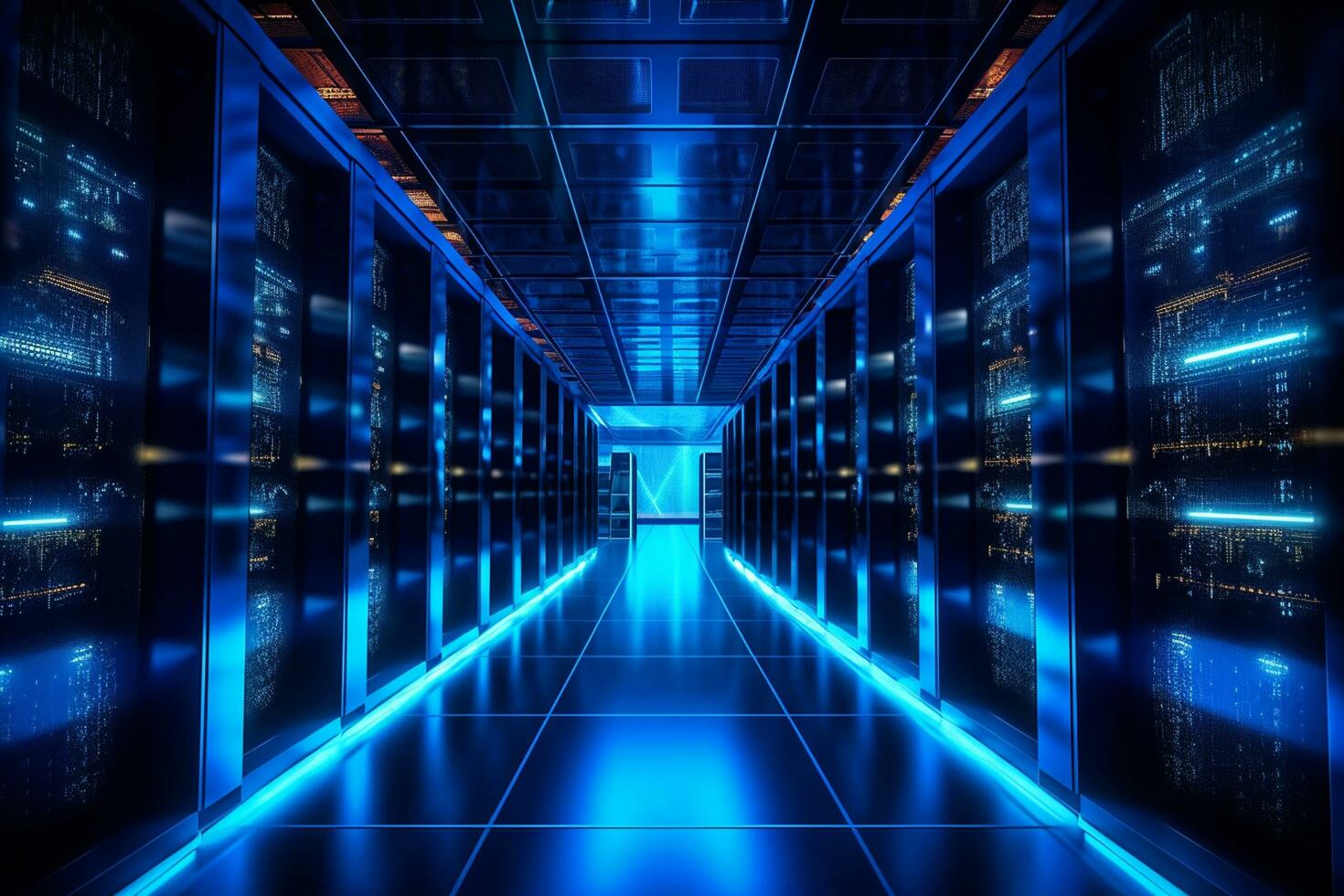 Futuristic server room with blue lights. 3D Rendering Ai Generated photo
