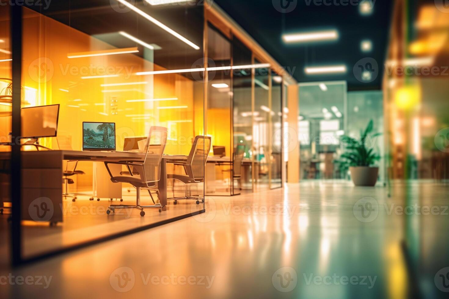 Workplace with computers in the office at night. 3d rendering. photo