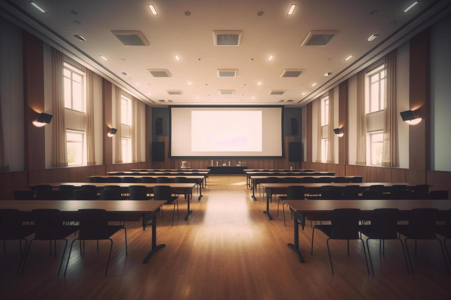 Interior of a lecture hall with rows of chairs and tables. 3d rendering photo