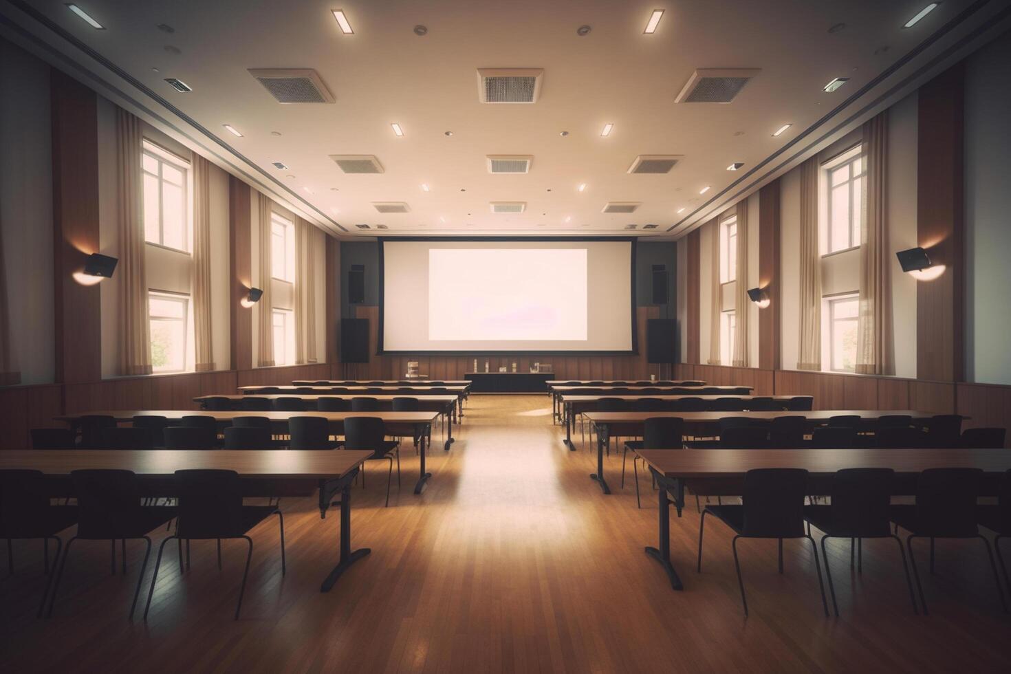 interior de un conferencia salón con filas de sillas y mesas. 3d representación generativo ai foto