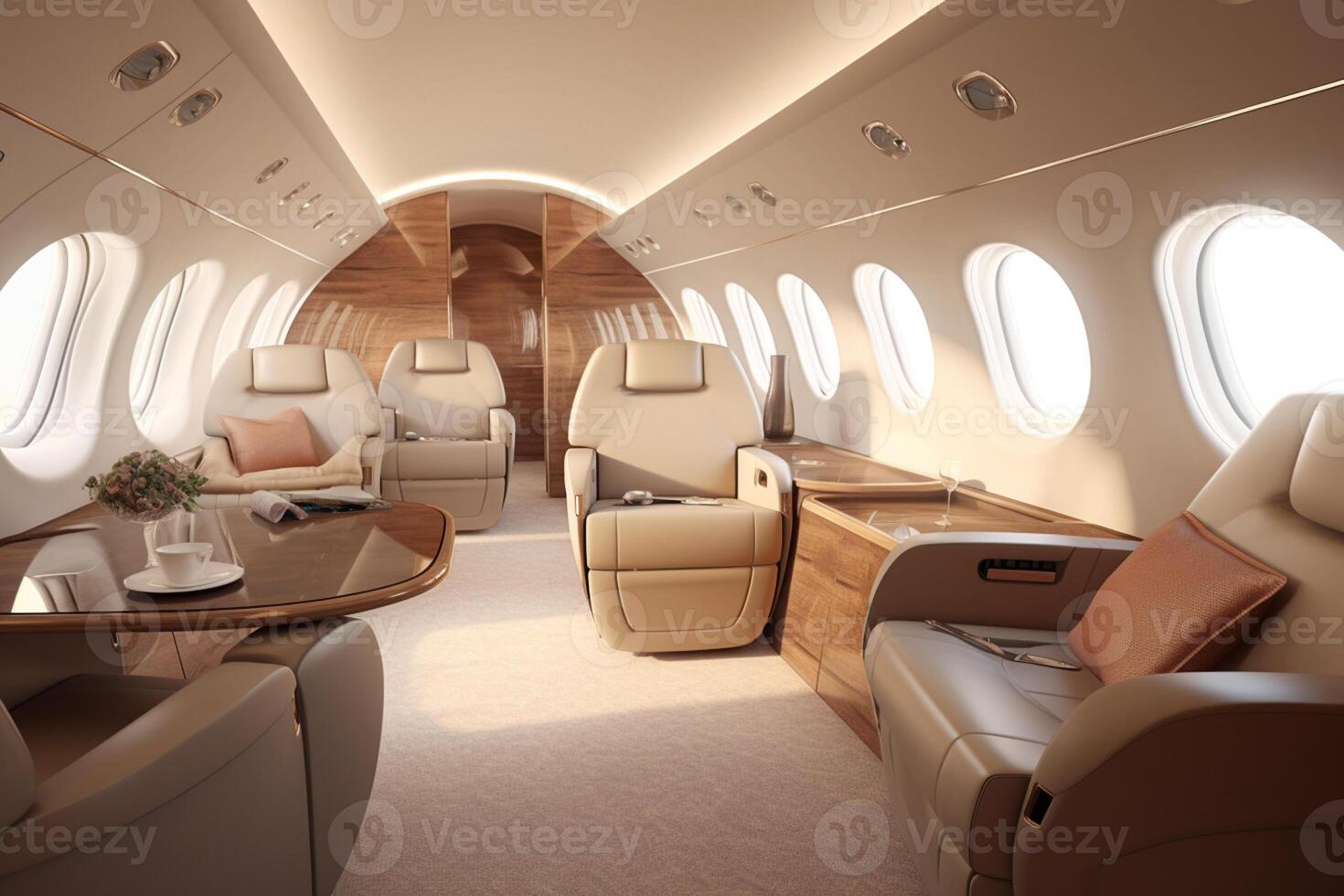 Modern Interior of airplane with seats and window view. 3d rendering photo
