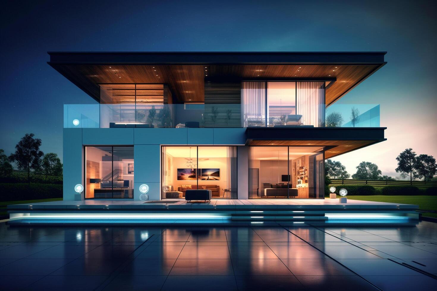 3d rendering of modern cozy house with pool and parking for sale or rent in luxurious style photo