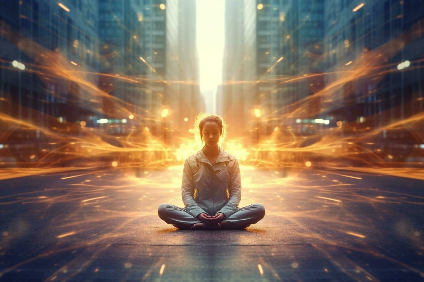 Young woman practicing yoga on the road in the city at night. Ai Generated photo