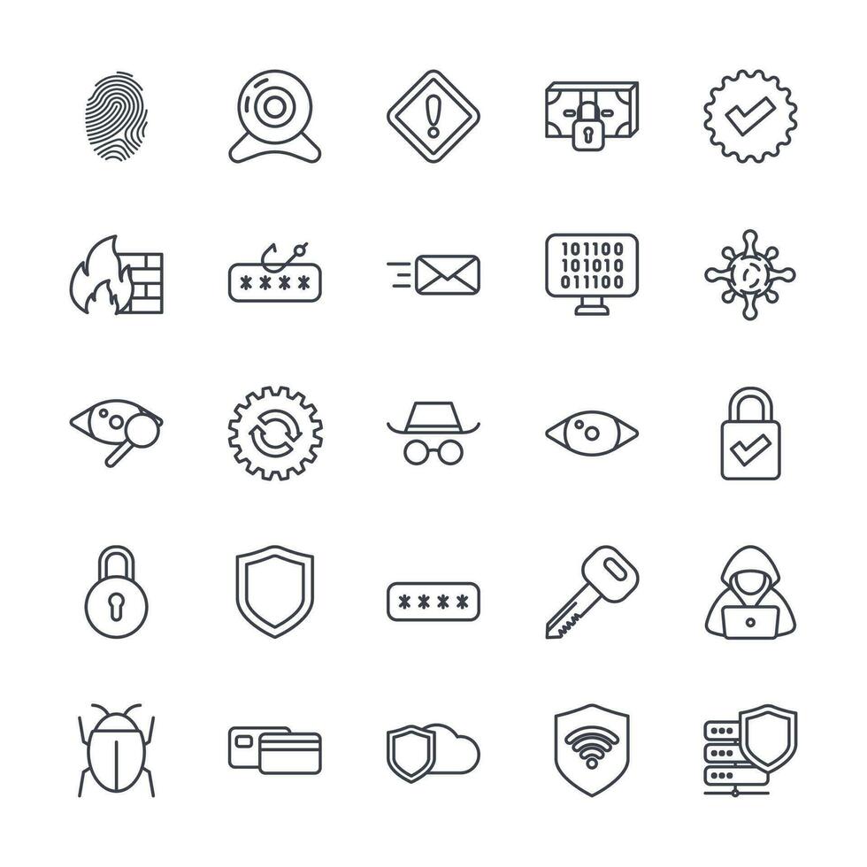 Vector set of cyber security icons. such as secure fingerprint, verification, shield and more. Set for Web and App Isolated on White Background. Vector illustration