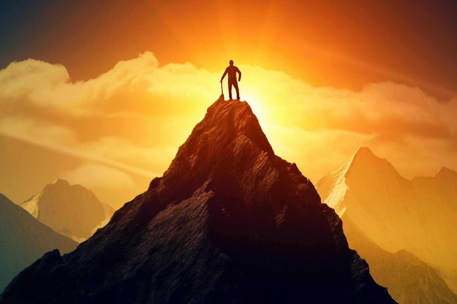 Businessman standing on top of mountain. Success and leadership concept. 3D Rendering Ai Generative photo