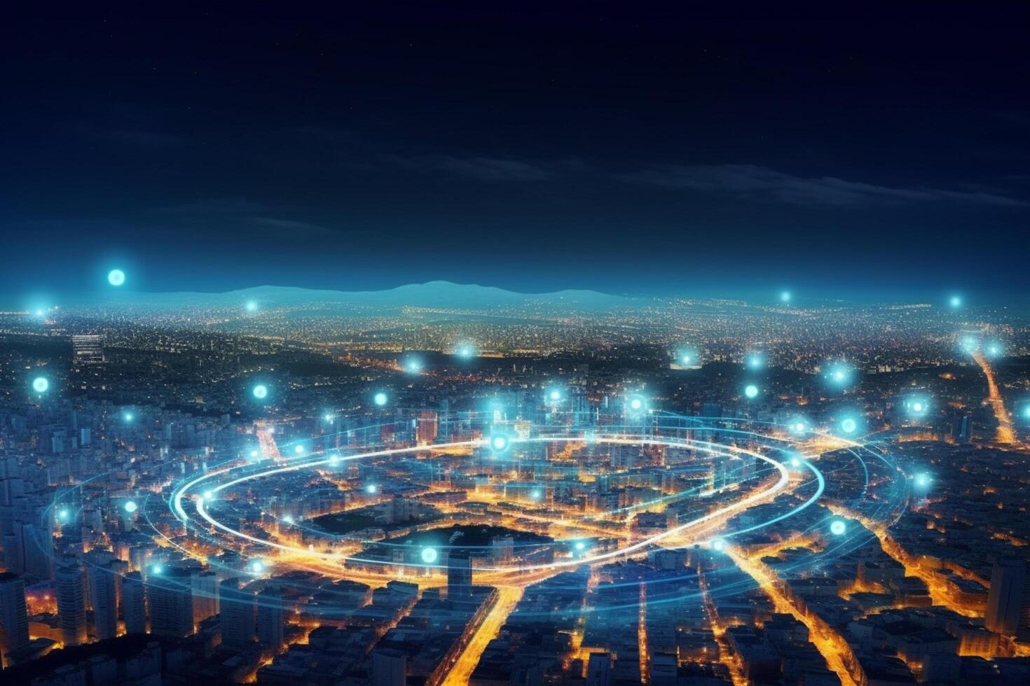 Modern city at night with connection lines on the background. photo
