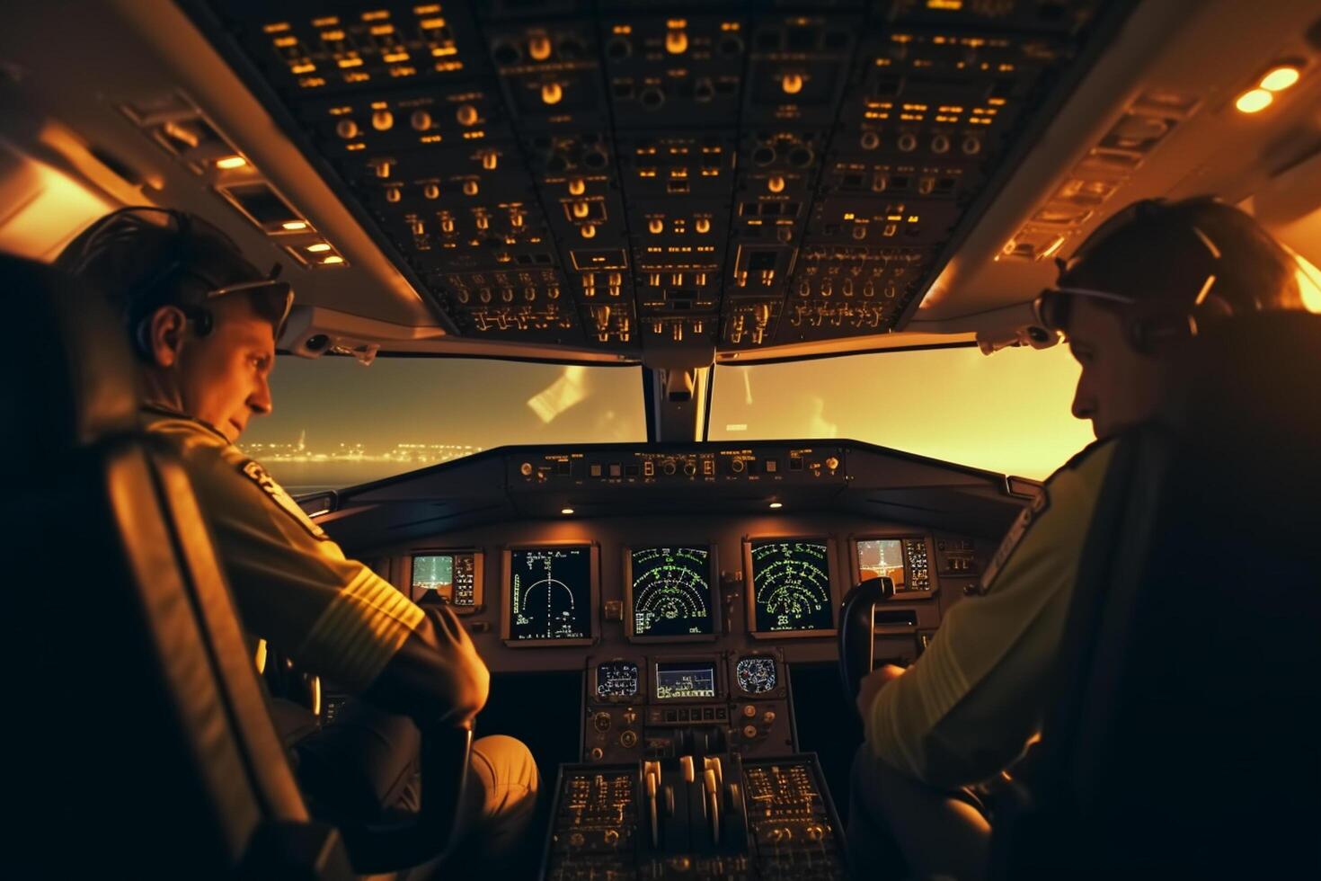cockpit of a plane with a view of the road and the city photo
