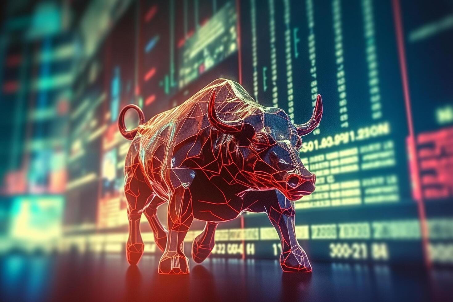 Stock market chart and bull. 3d rendering toned image double exposure photo