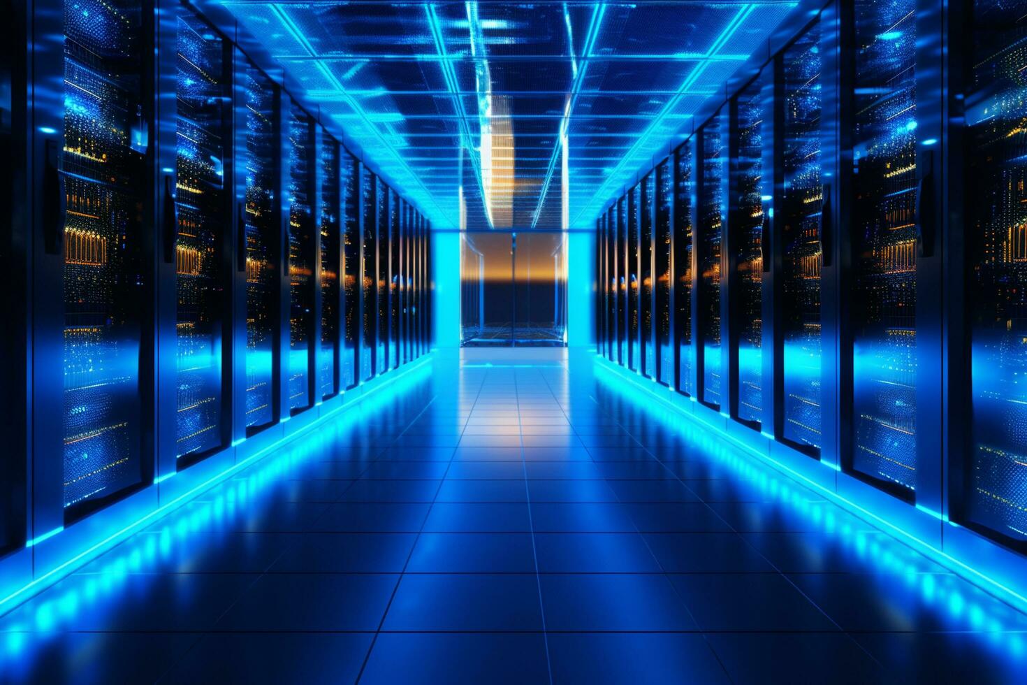 Futuristic server room with blue lights. 3D Rendering Ai Generated photo