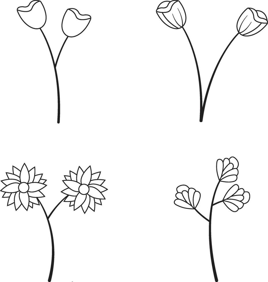 Botanical Line Art Pattern. Vector Illustration Set