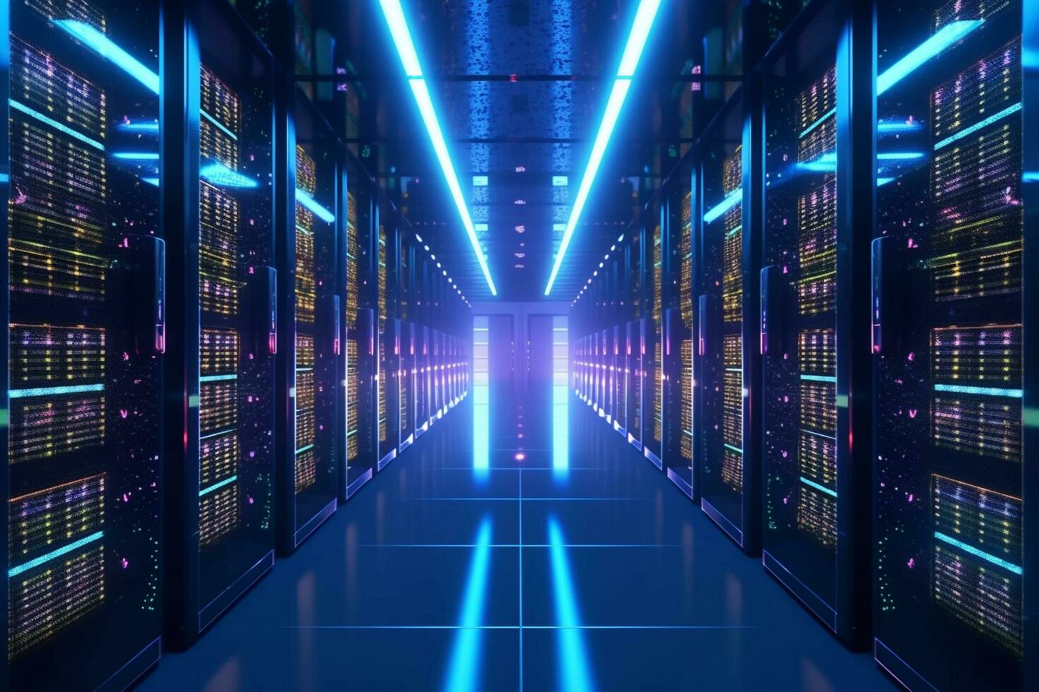 Server room data center. 3d rendering toned image double exposure photo