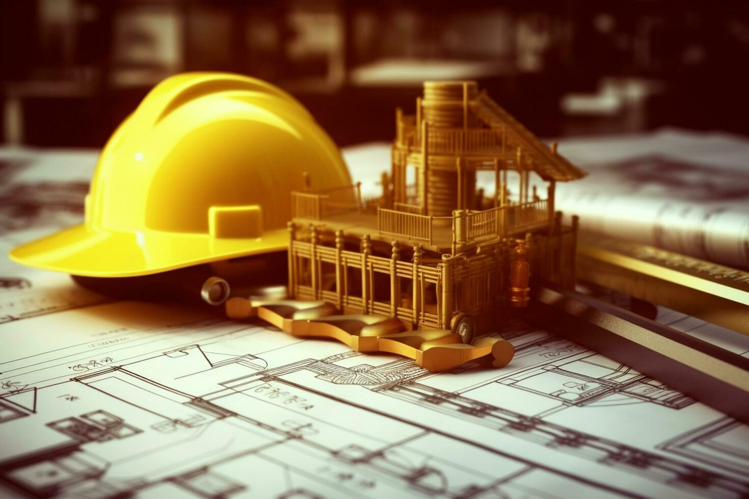 Yellow hard hat on construction plans with building background, Construction concept. Ai generated photo