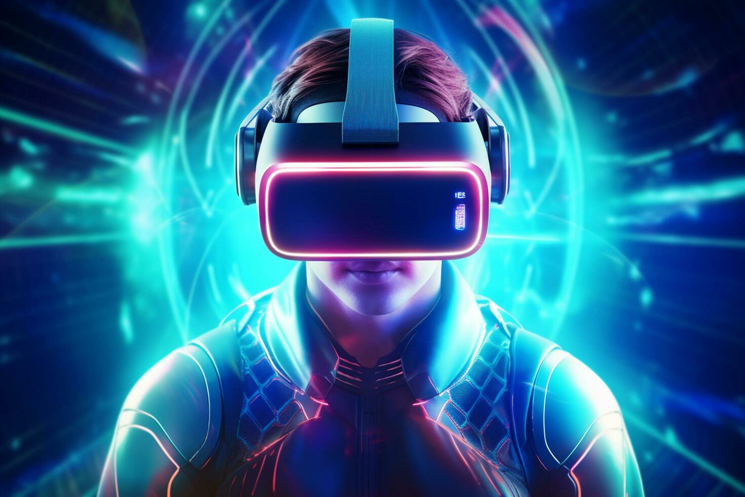 Young girl with virtual reality headset or 3d glasses over cityscape background photo