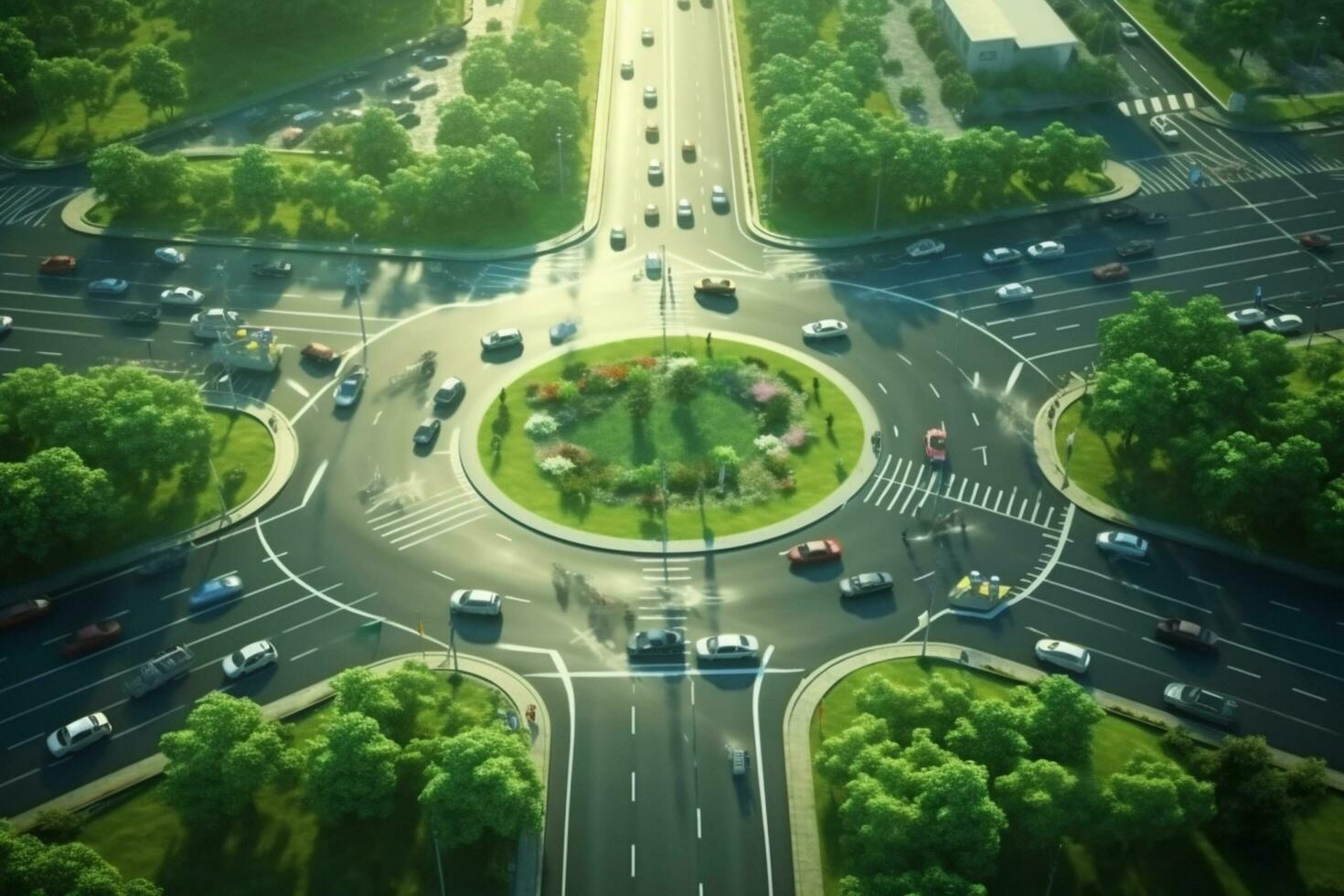 Aerial top view of a roundabout in the middle of a green city photo