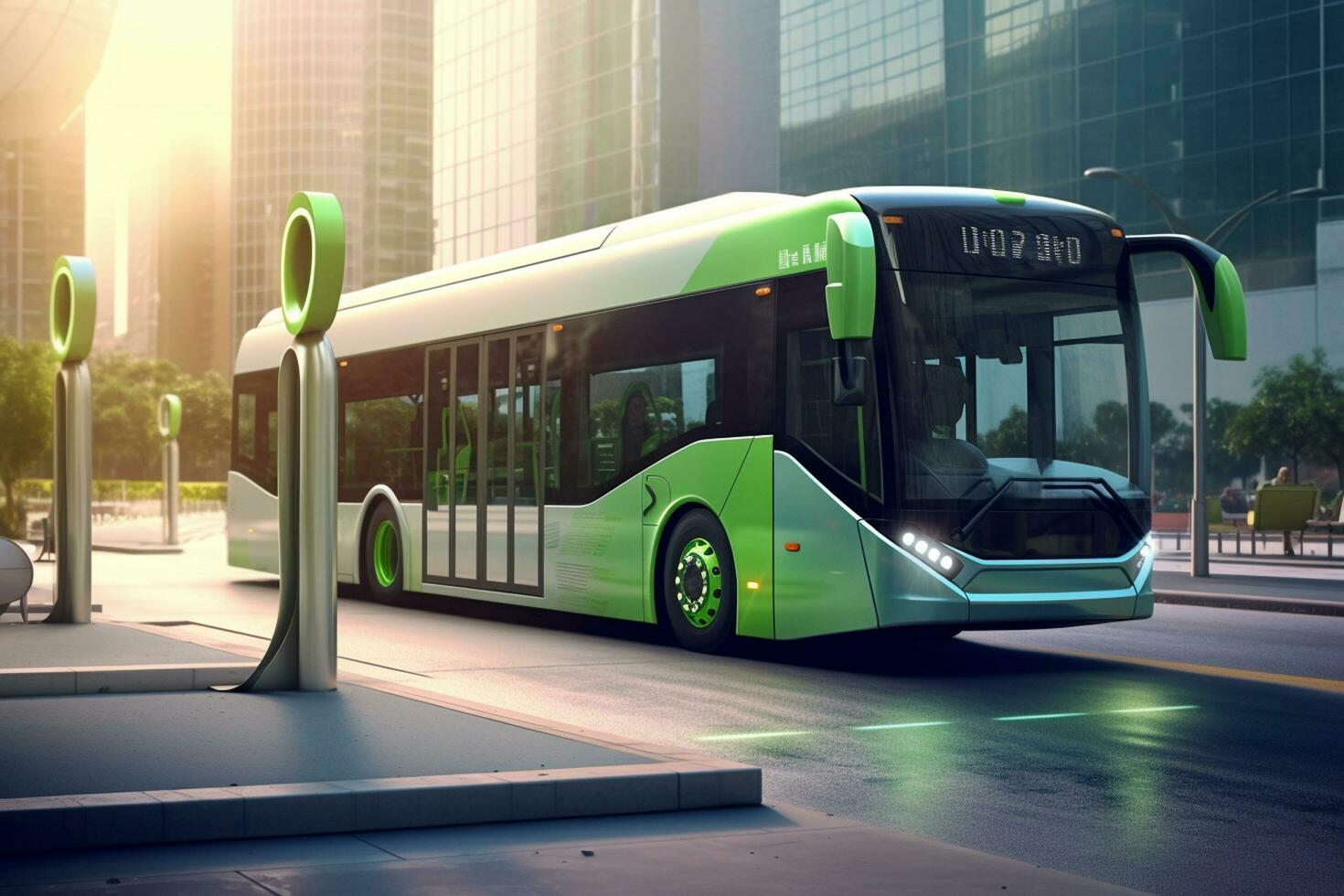 Green bus in the city at sunset. Public transport concept image. Ai Generated photo