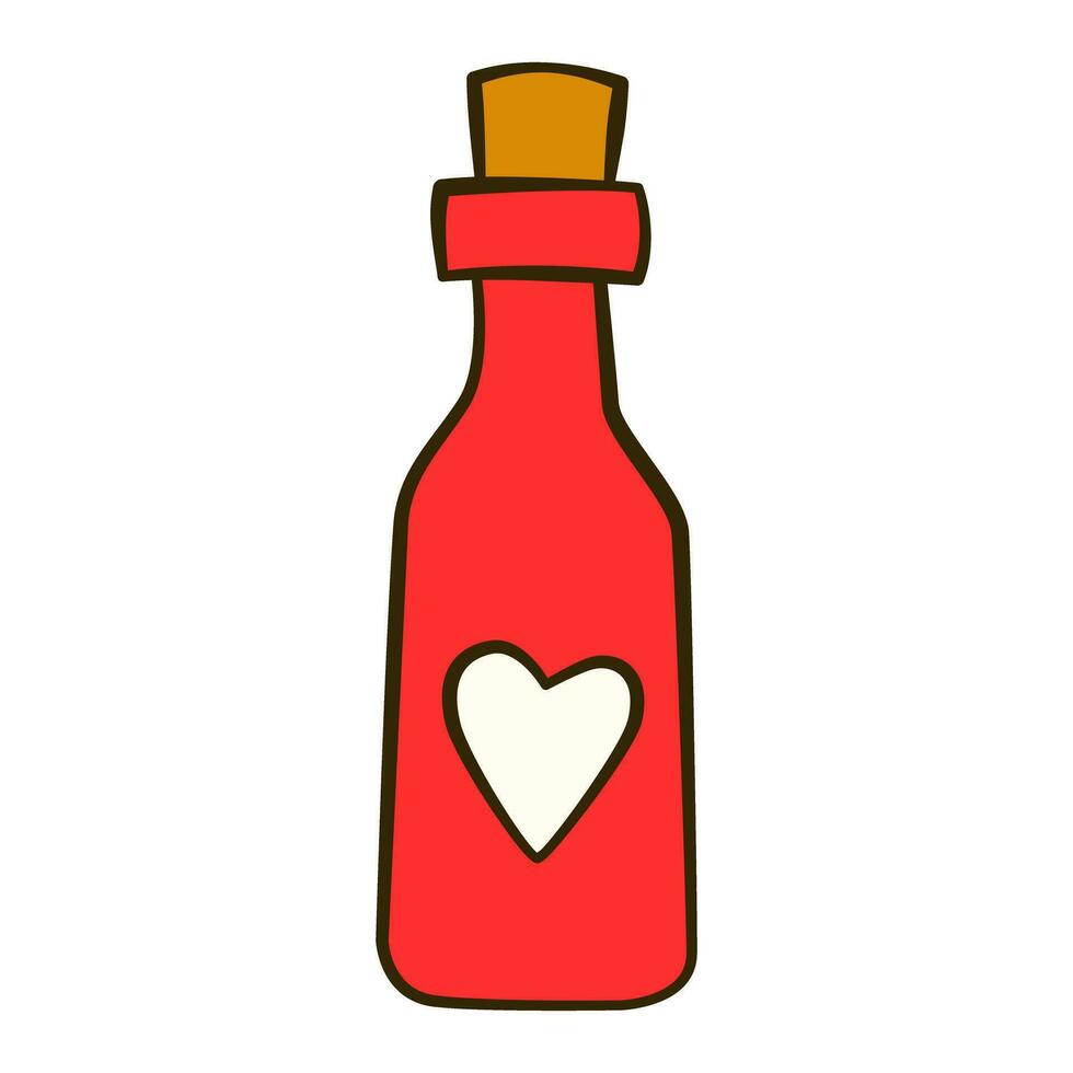 rojo botella con un blanco en forma de corazon etiqueta. San Valentín día. plano icono vector