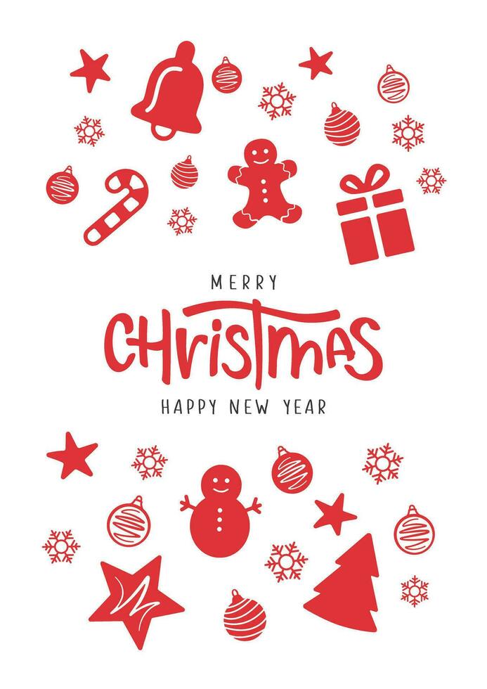 Merry Christmas and Happy New Year lettering with christmas decorations vector