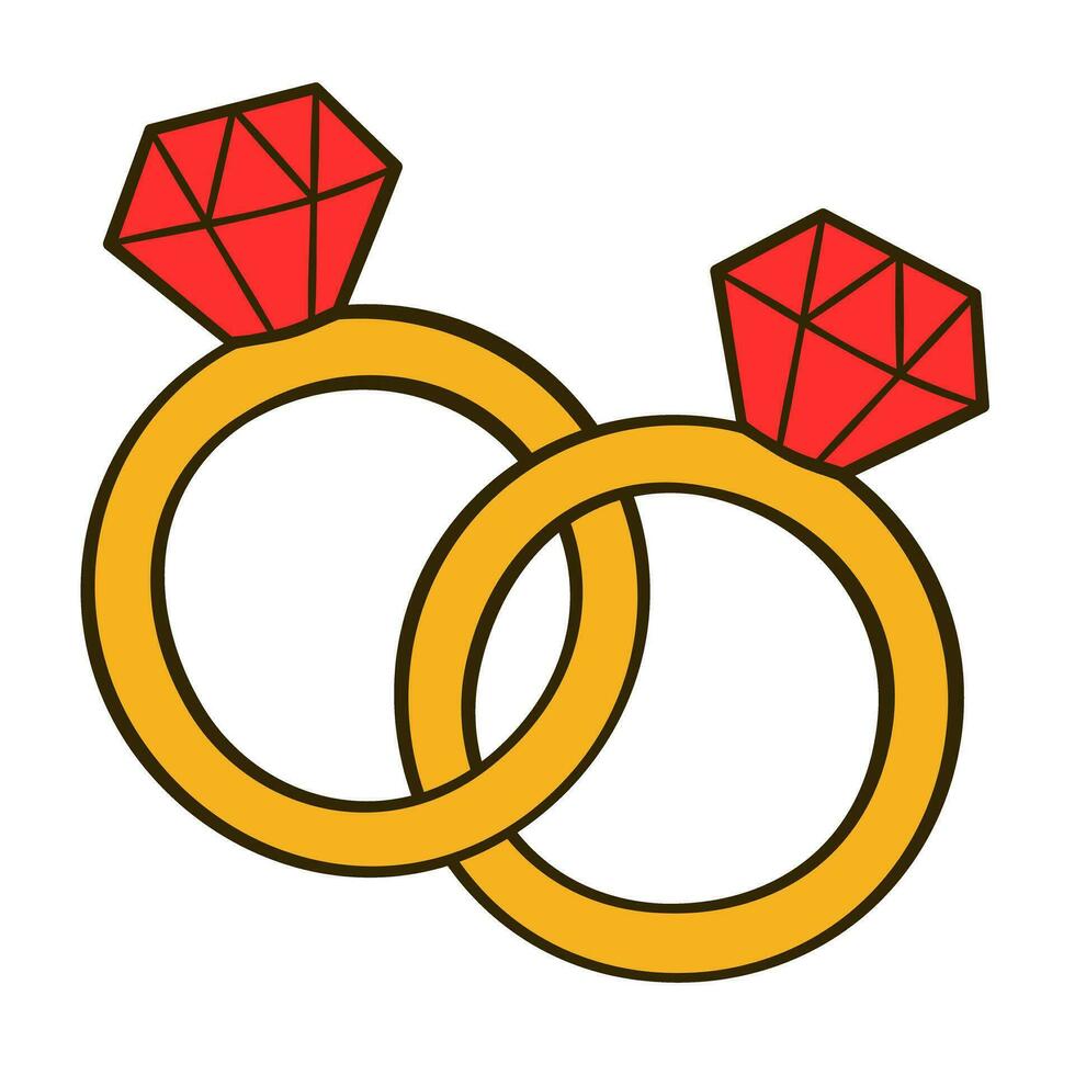 Two rings with red diamonds. Valentine's day. Flat icon vector