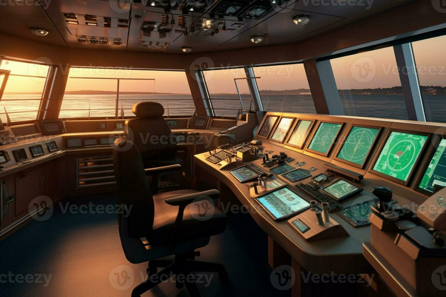 Futuristic Ship control room with computers and monitors, 3d rendering. Computer digital drawing. photo