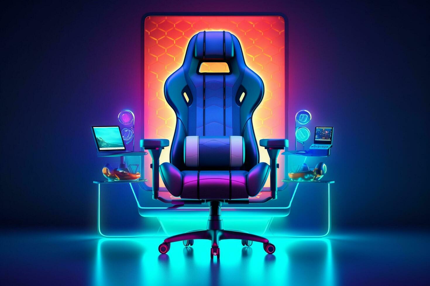Futuristic gaming room interior with armchair, computer, gamepad and neon lights. illustration Ai Generated photo