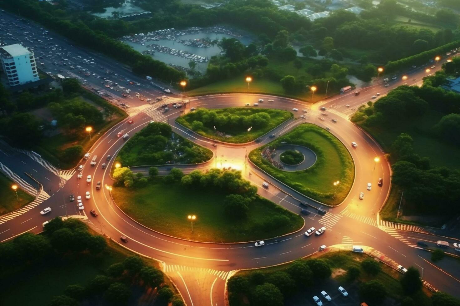 Aerial top view of a roundabout in the middle of a green city sunset photo