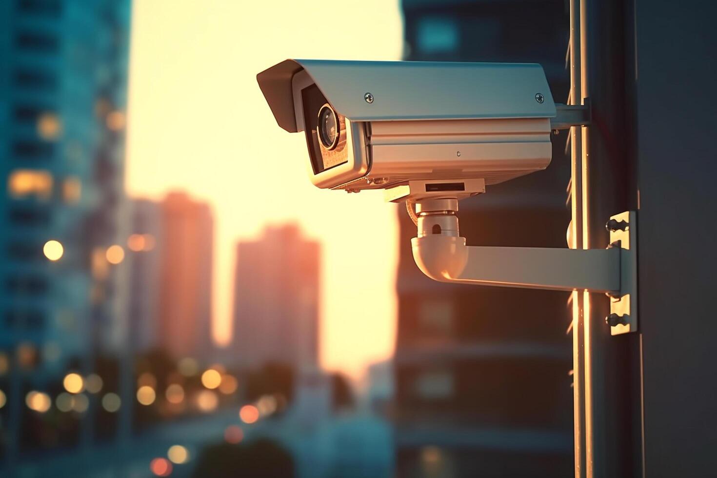 CCTV security camera on window with bokeh light background . photo
