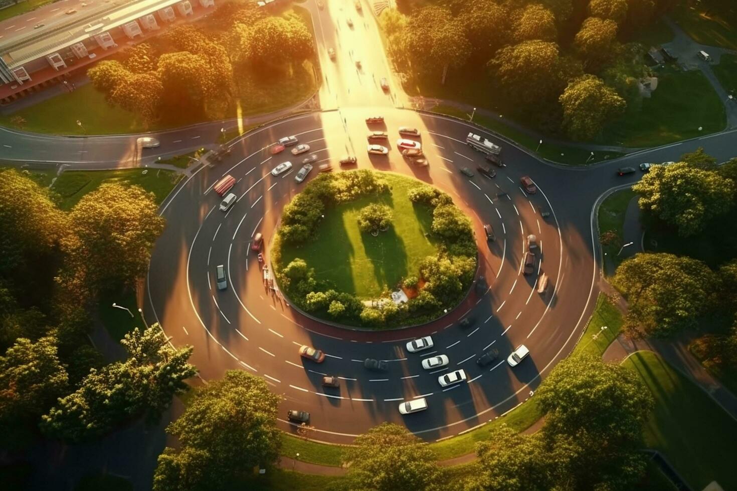 Aerial top view of a roundabout in the middle of a green city sunset photo