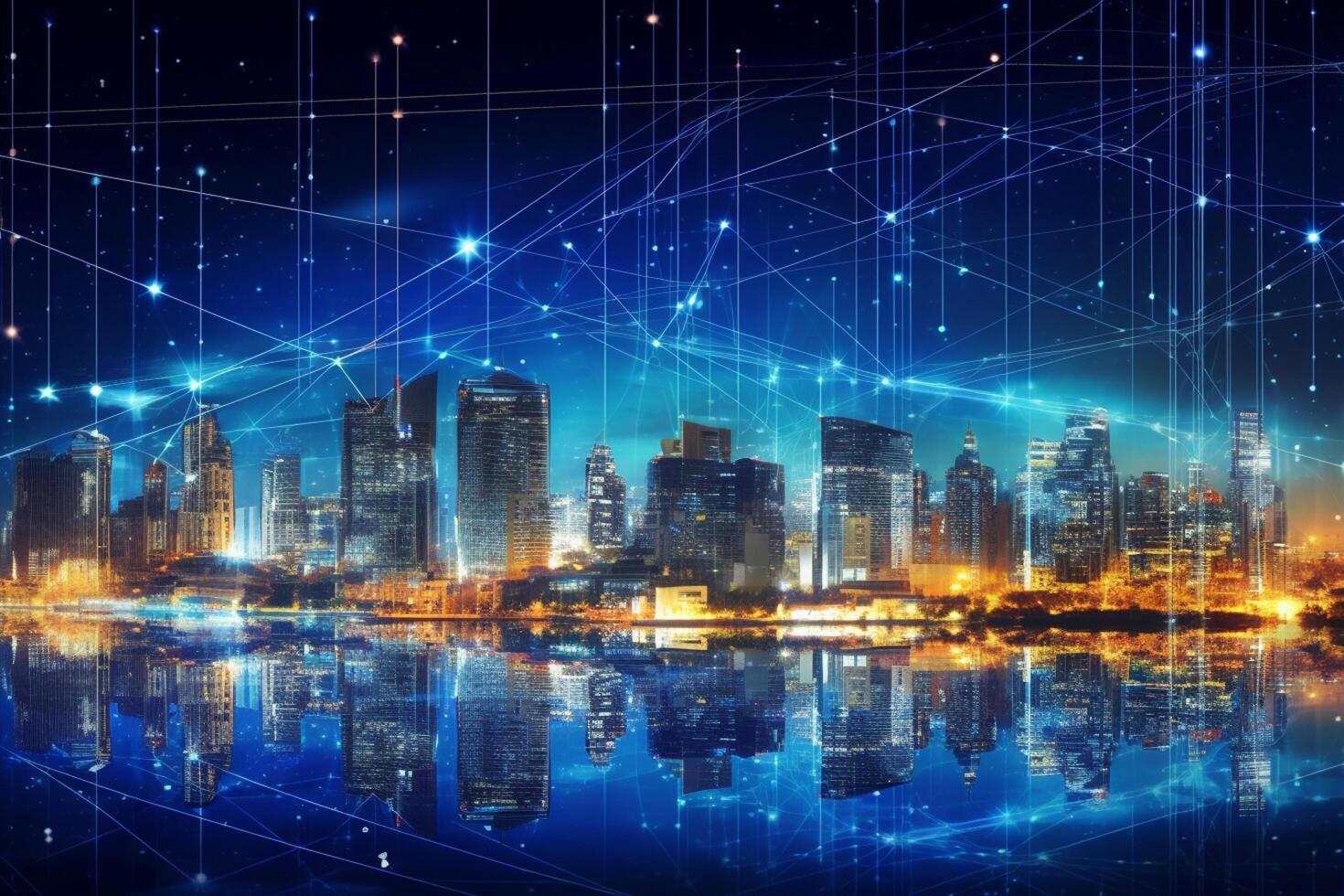Smart city with internet network and high-rise buildings at night. photo