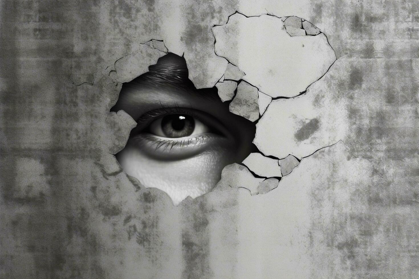 Eye looking through a hole in white paper. Conceptual image. Ai Generative photo