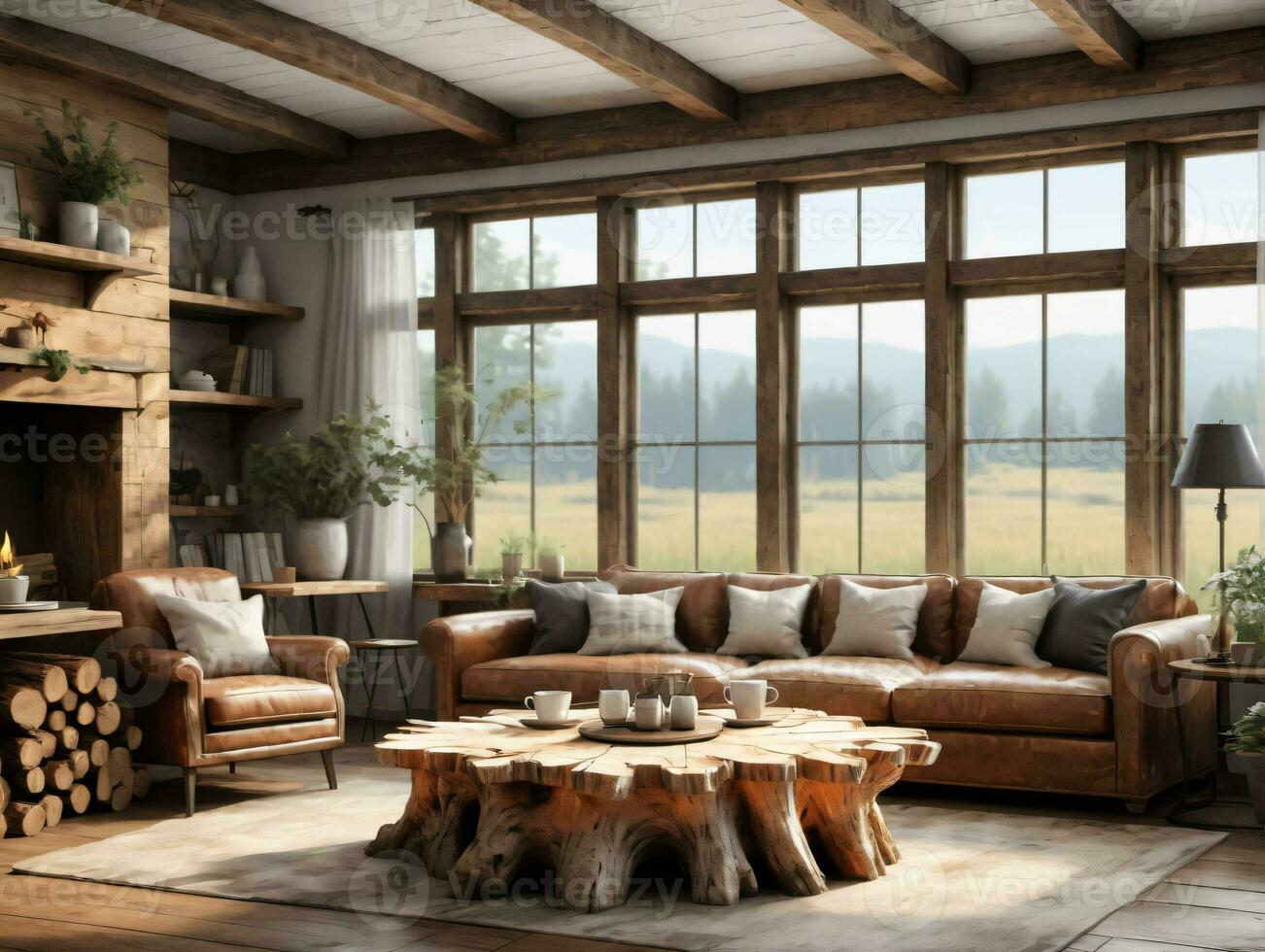 A Living Room Filled With Furniture And A Fire Place. AI Generated photo