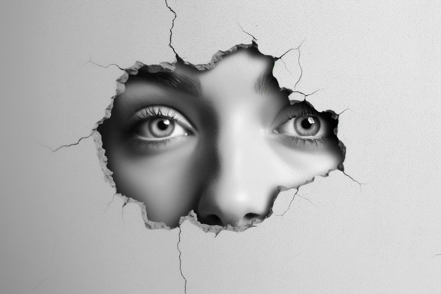 Women Eye peeping through hole in concrete wall. Black and white. Ai Generative photo