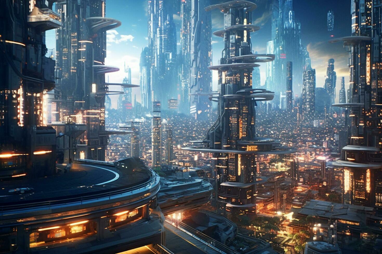 Futuristic city at night with skyscrapers and high rise buildings photo