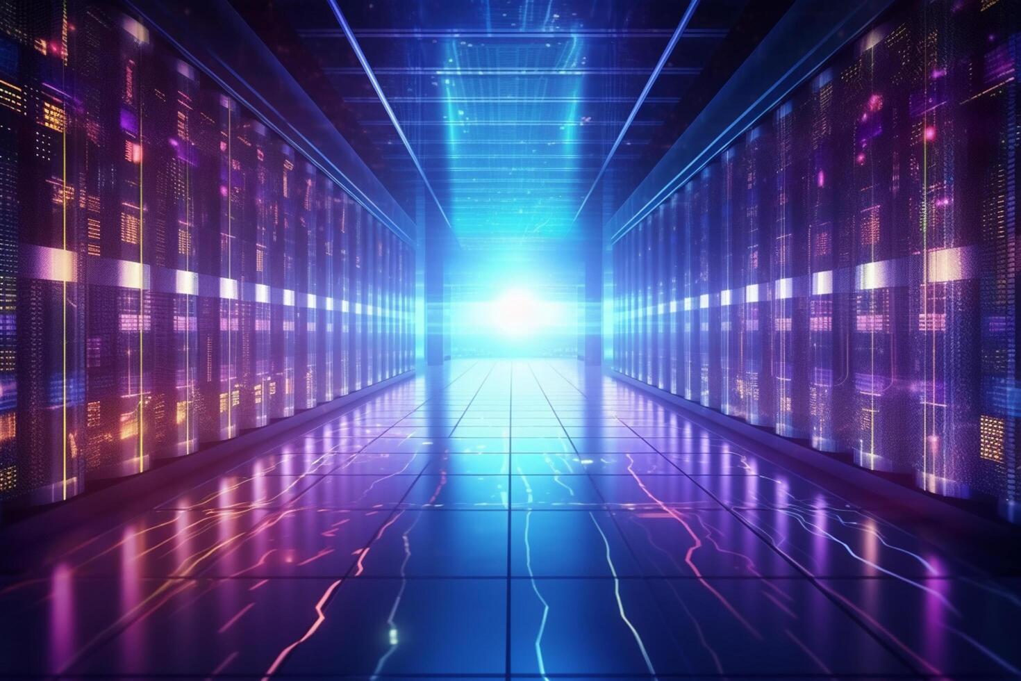 Server room data center. Backup, mining, hosting, mainframe, farm and computer rack with storage information. photo