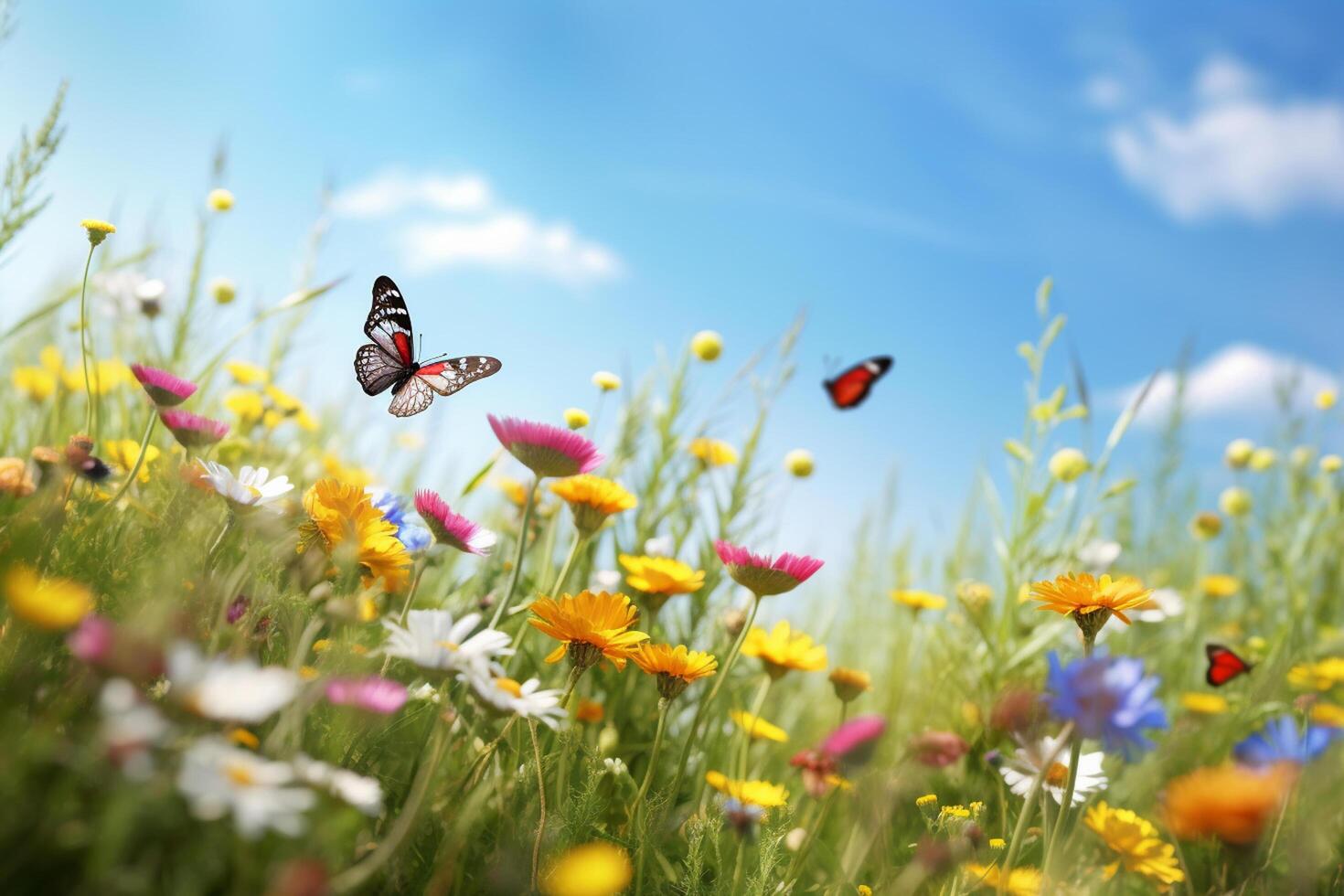 hermosa mariposa en verde prado y azul cielo. naturaleza antecedentes ai generativo foto