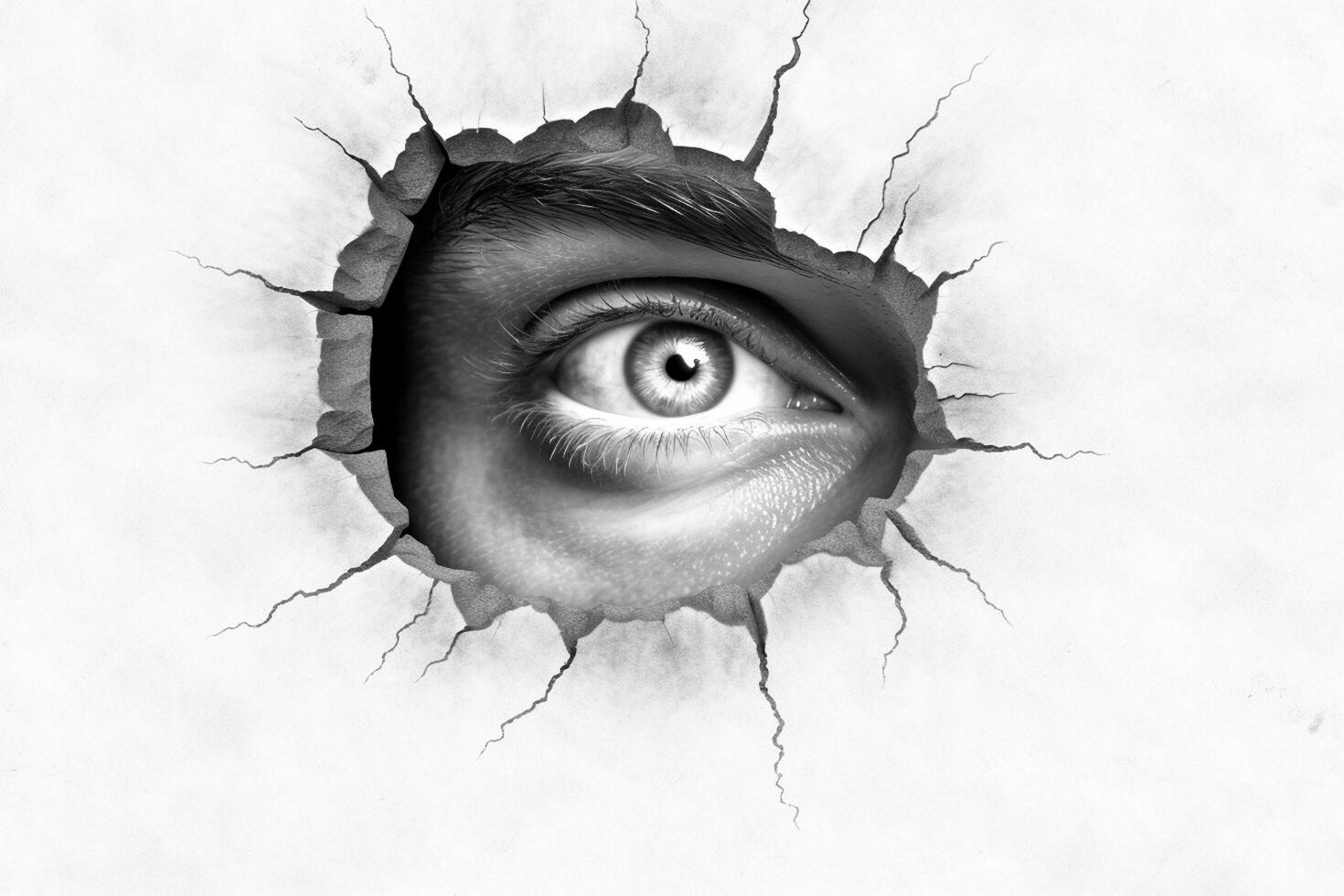 Eye looking through a hole in white paper. Conceptual image. Ai Generative photo