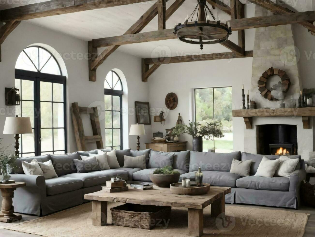 A Living Room Filled With Furniture And A Fire Place. AI Generated photo