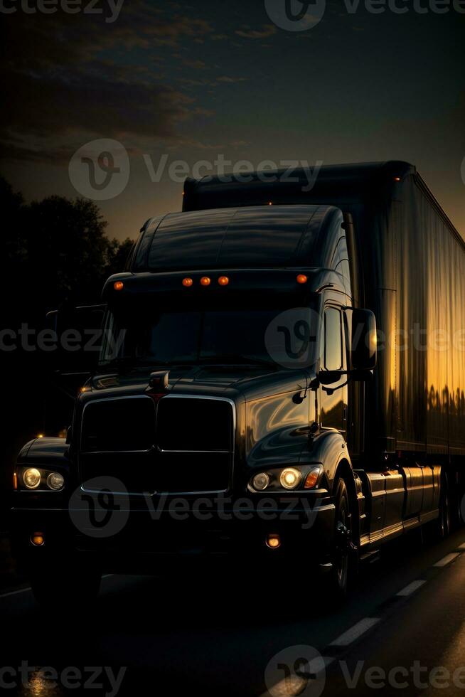 A Semi Truck Driving Down A Highway At Night. AI Generated photo