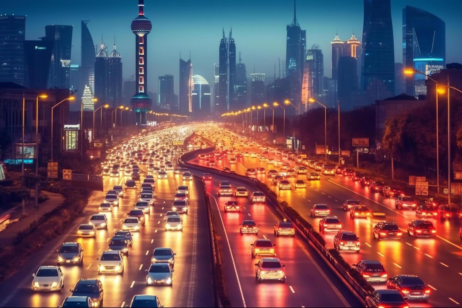 Highway traffic in the city at night. 3D rendering. photo