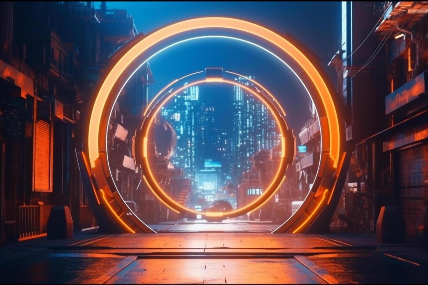 Neon tunnel in the city at night. 3d rendering. Ai generated photo