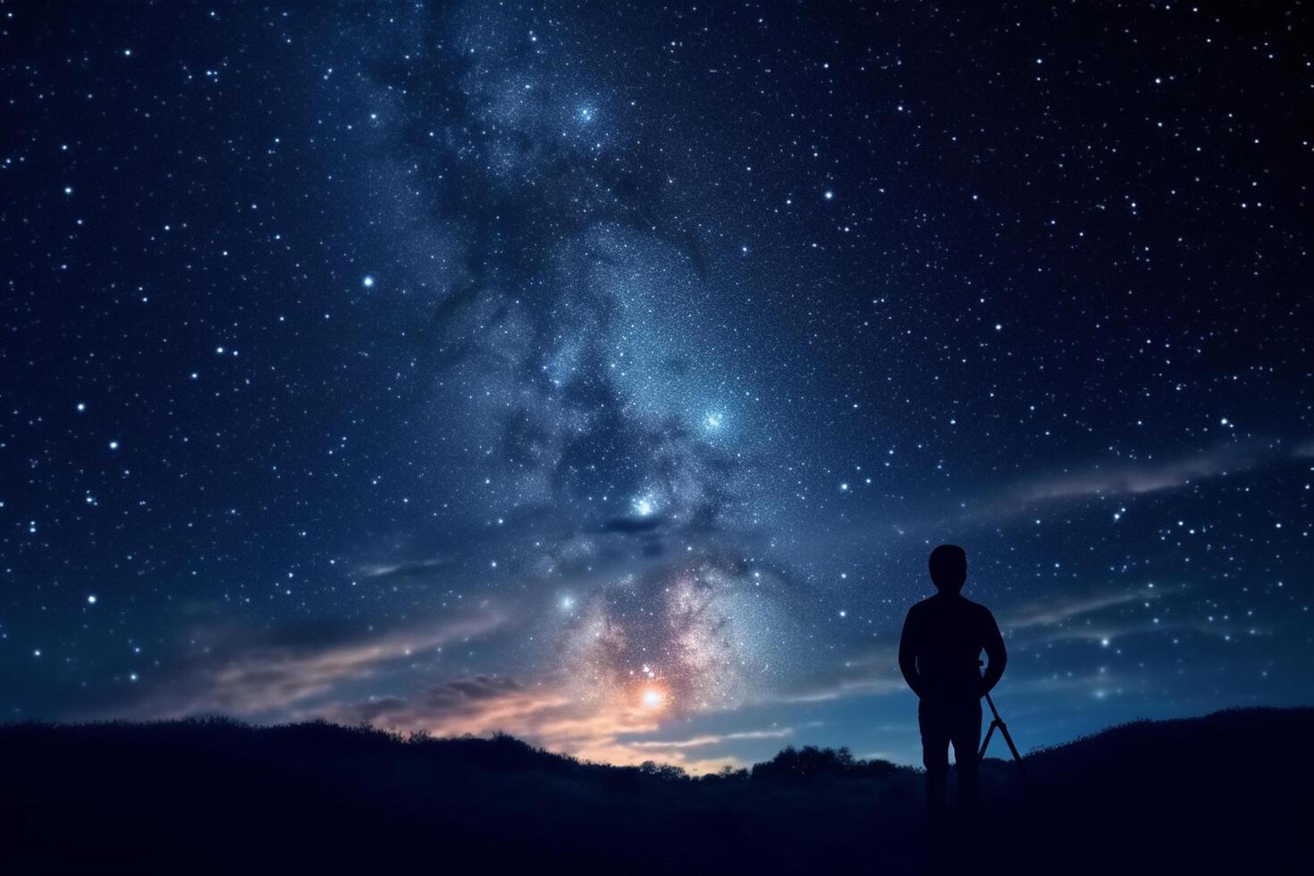 Silhouette of photographer with camera on tripod against night sky background photo